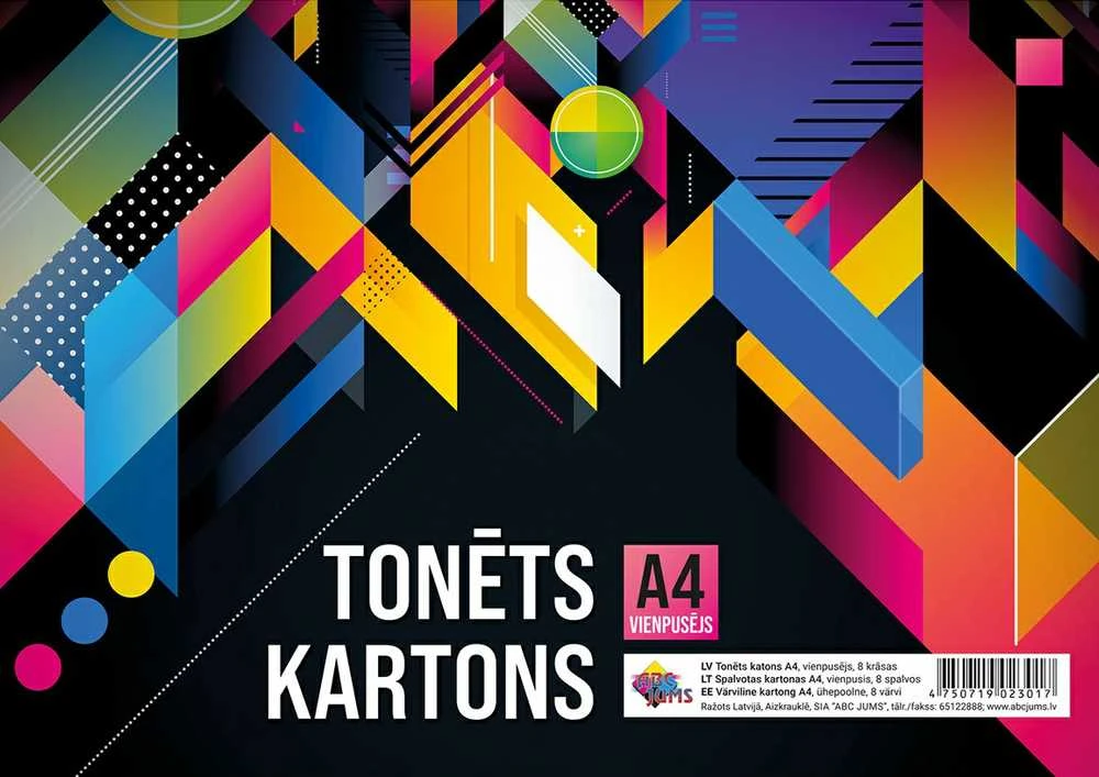 Spalvotas kartonas, A4, 8 sp., vienpusis, 230gsm