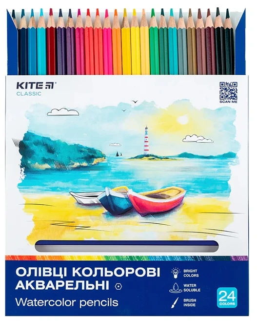 Spalvoti šešiabriauniai akvareliniai pieštukai CLASSIC, Kite, 24 sp. + teptukas