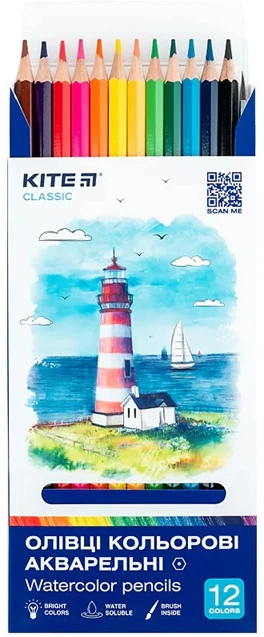 Spalvoti šešiabriauniai akvareliniai pieštukai CLASSIC, Kite, 12 sp. + teptukas