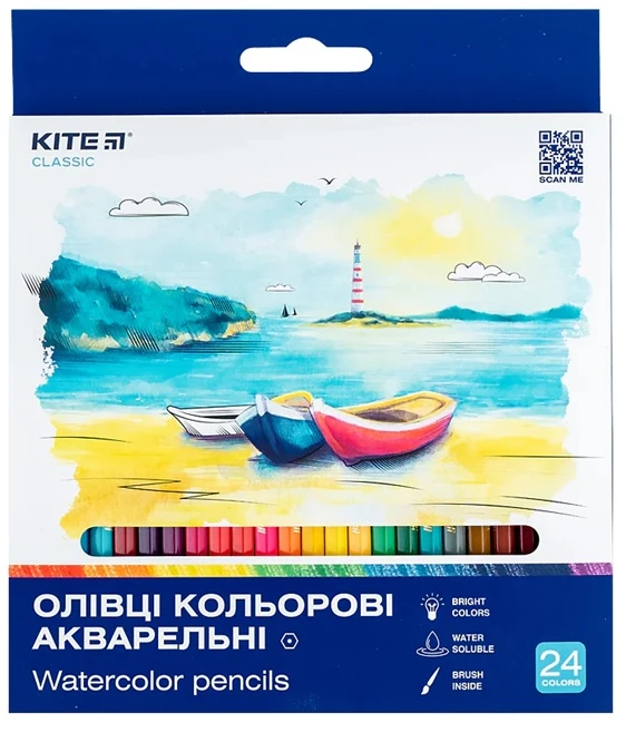 Spalvoti šešiabriauniai akvareliniai pieštukai CLASSIC, Kite, 24 sp. + teptukas