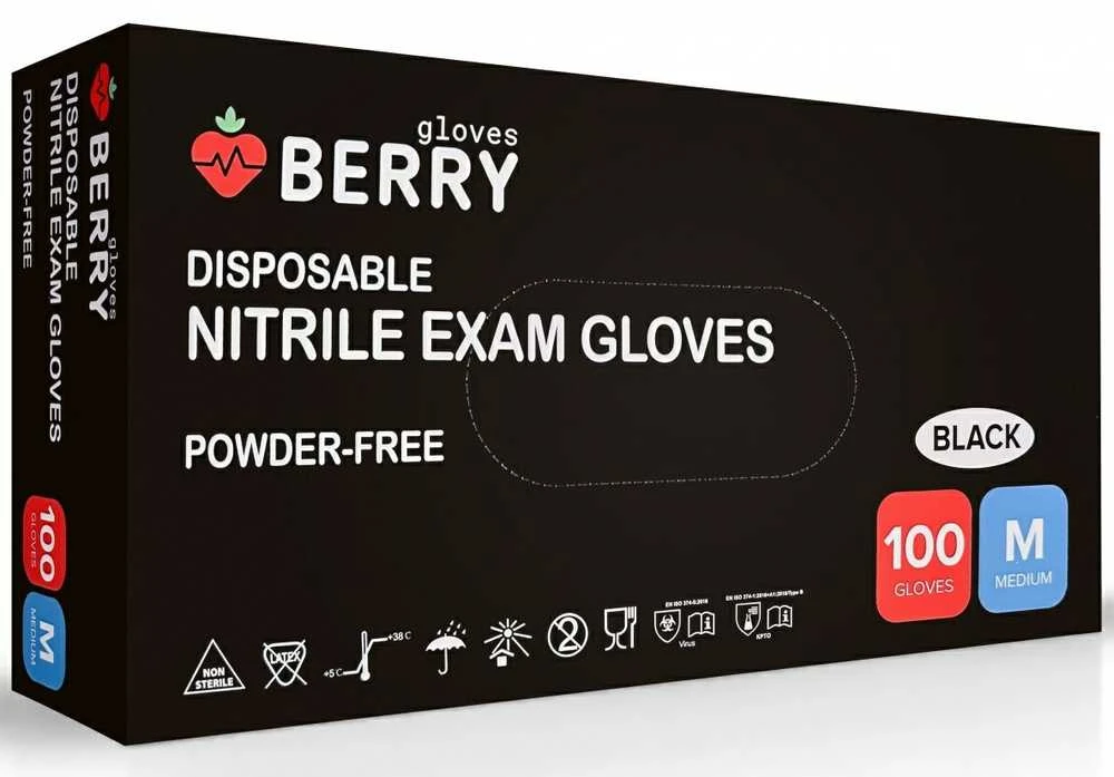 None Vienkartinės nitrilinės pirštinės BERRY Juodas, M dydis, juodos sp., be pudros, 100 vnt.