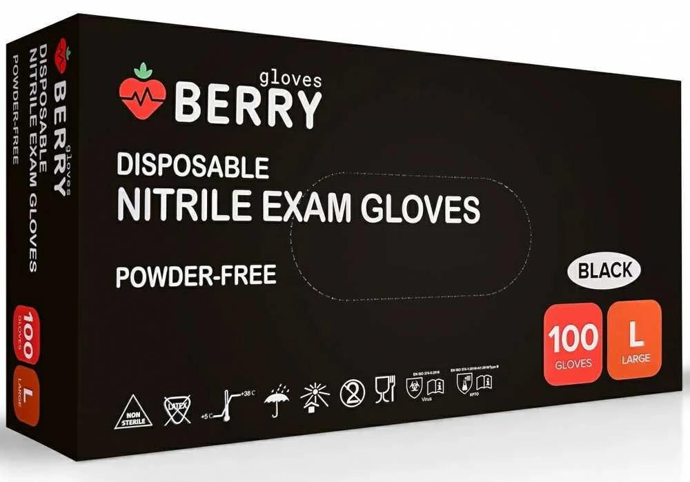 Vienkartinės nitrilinės pirštinės BERRY Juodas, L dydis, juodos sp., be pudros, 100 vnt.