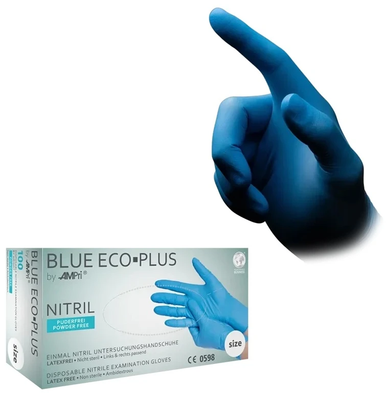 Ampri Handelsgesellschaft Vienkartinės nitrilinės pirštinės MED-COMFORT Eco-Plus, L dydis, mėlynos sp., be pudros, 100 vnt.