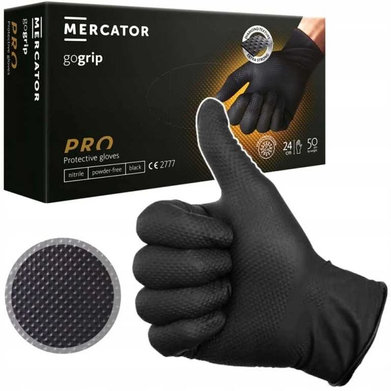 Vienkartinės nitrilinės pirštinės MERCATOR GoGrip Juodas, M dydis, juodos sp., be pudros, 50 vnt.