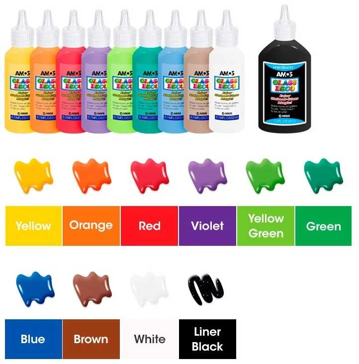 Vitražinių dažų rinkinys GD22P10, Amos, 9 spalvos po 22ml + 40ml juodos spalvos kontūras