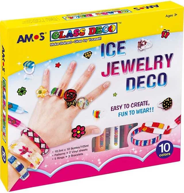 Vitražinių dažų rinkinys ICE JEWELERY, Amos, 10 spalvų po 10,5ml + 3 apyrankės + 5 žiedai