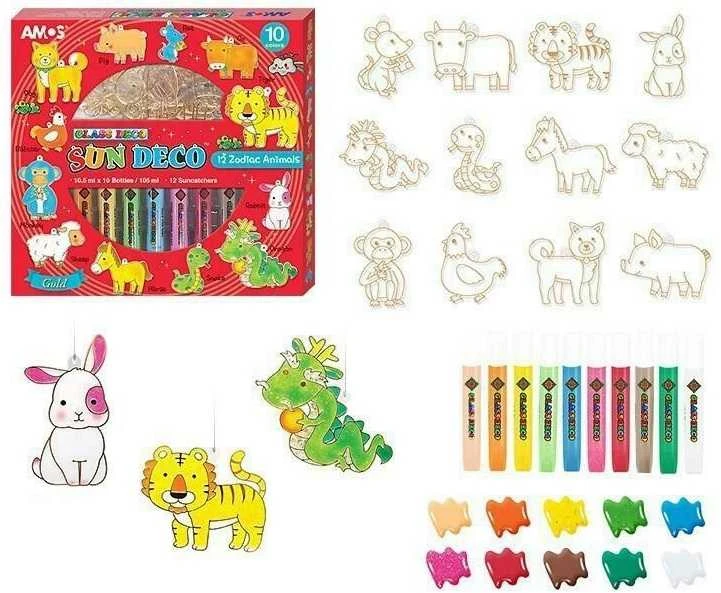 Vitražinių dažų rinkinys SD10P10 ZODIAC, Amos, 10 spalvų po 10,5ml + 12 pakabukų