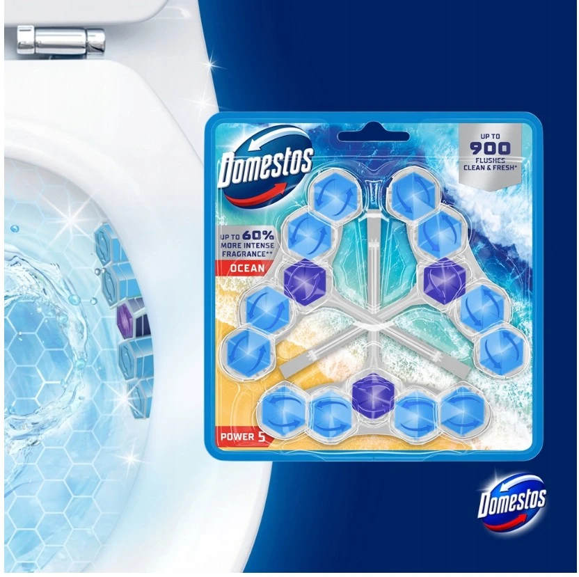 WC valiklis-gaiviklis DOMESTOS Power 5 Ocean, 3x55 g