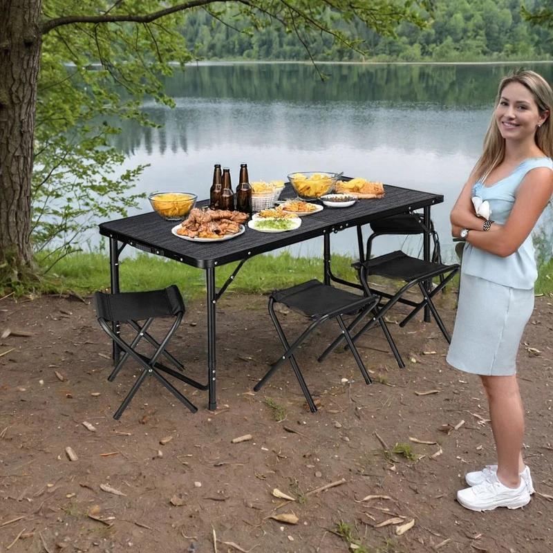 Outdorium Poland TRAMP kempingo sulankstomas žygių rinkinys 120x60 cm stalas juodas x 4 kėdės