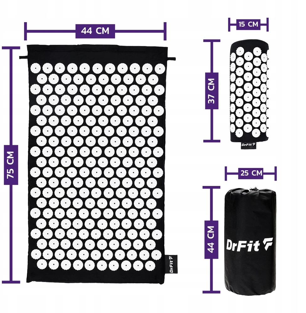Akupresūros kilimėlis su pagalve DrFit, 75x44 cm, juodas/baltas