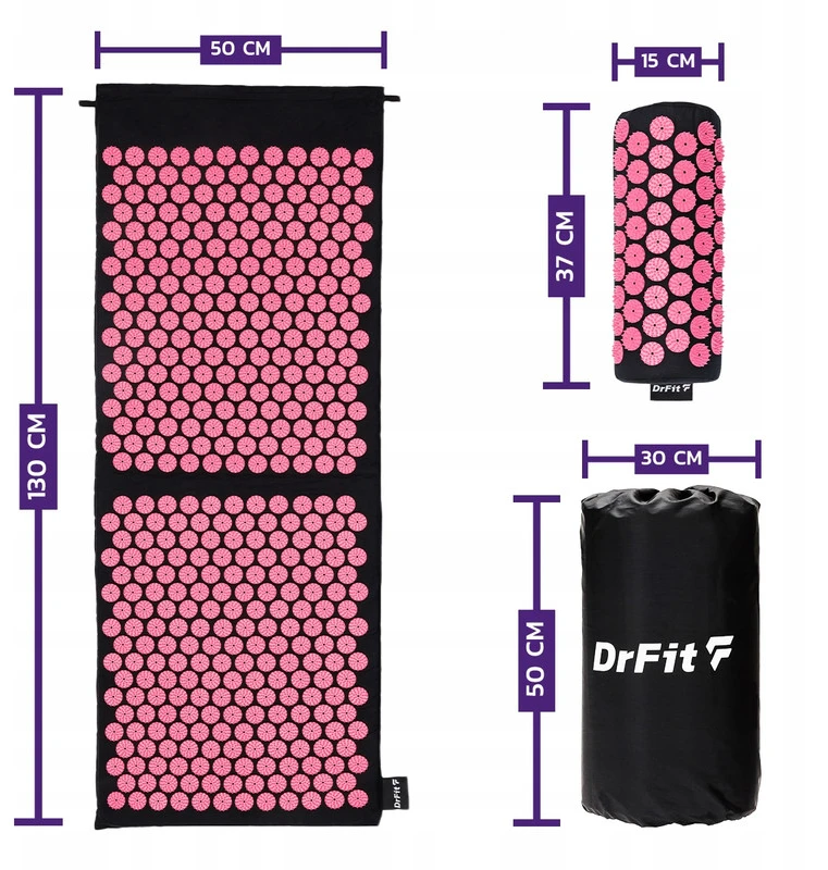 Akupresūros masažinis kilimėlis DrFIT, juodas/rožinis