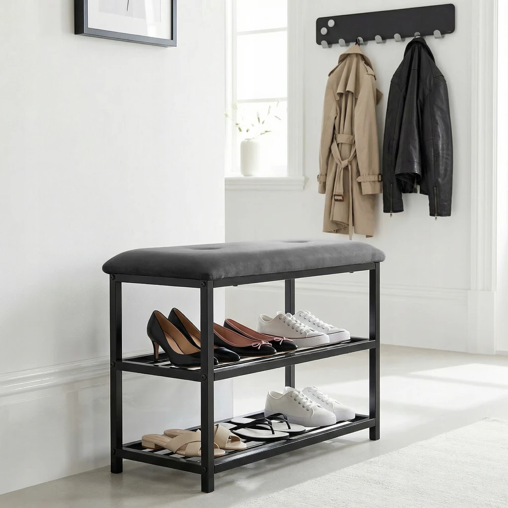 Perfectmarketsource Hk Batų lentyna su suoliuku, 61x31x51 cm, pilka/juoda