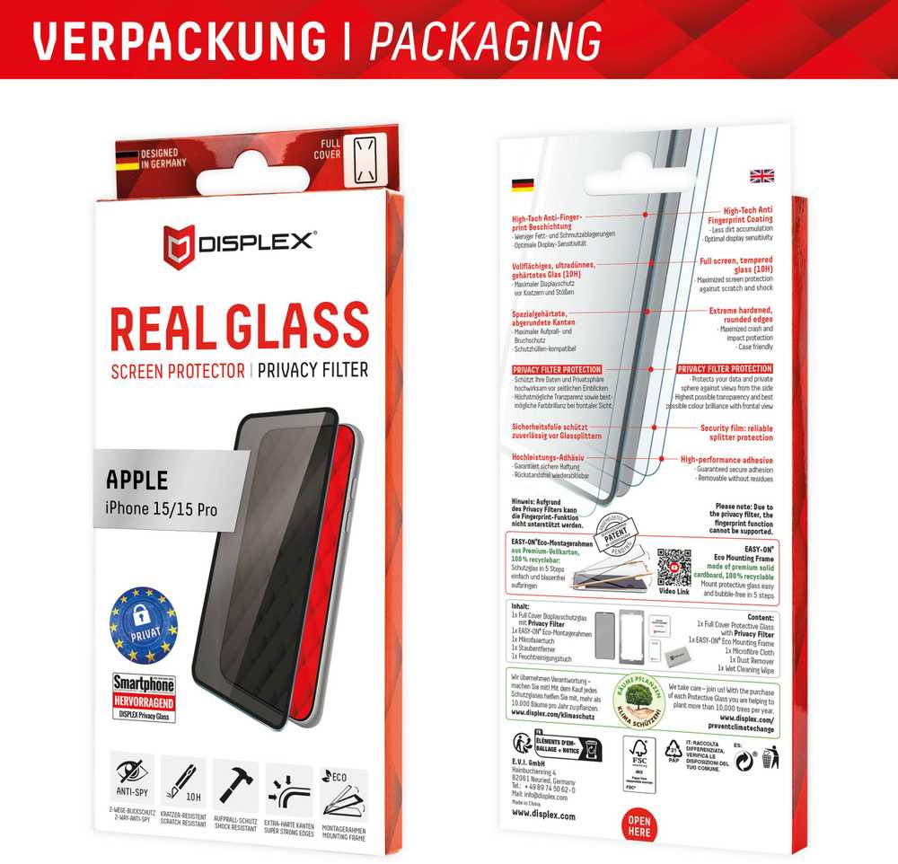 Evi Apple iPhone 15/15 Pro Tikras 3D ekrano privatumo stiklas, gamintojas Displex Juodas