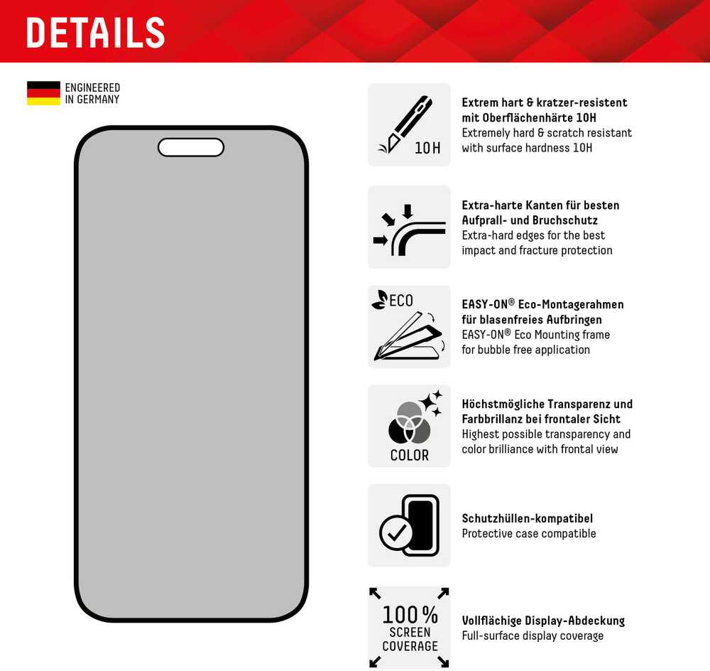 Evi Apple iPhone 15/15 Pro Tikras 3D ekrano privatumo stiklas, gamintojas Displex Juodas