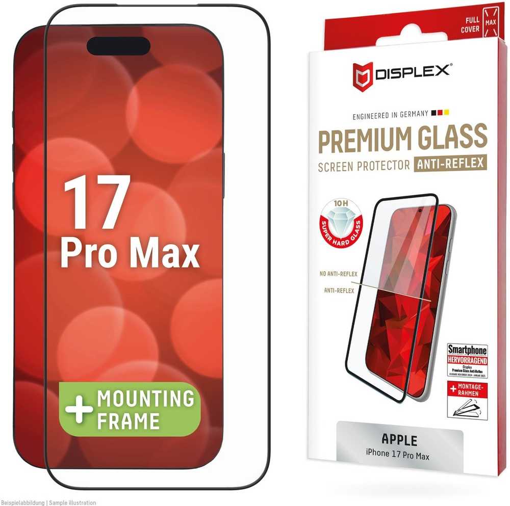 Apple iPhone 17 Pro Max Premium ekrano apsauginis stiklas, pilnai apsaugotas nuo atspindžių, pagamintas iš „Displex“ skaidraus stiklo.