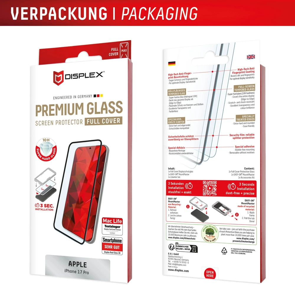 Apple iPhone 17 Pro Premium ekrano apsauginis stiklas MM, pagamintas Displex, skaidrus
