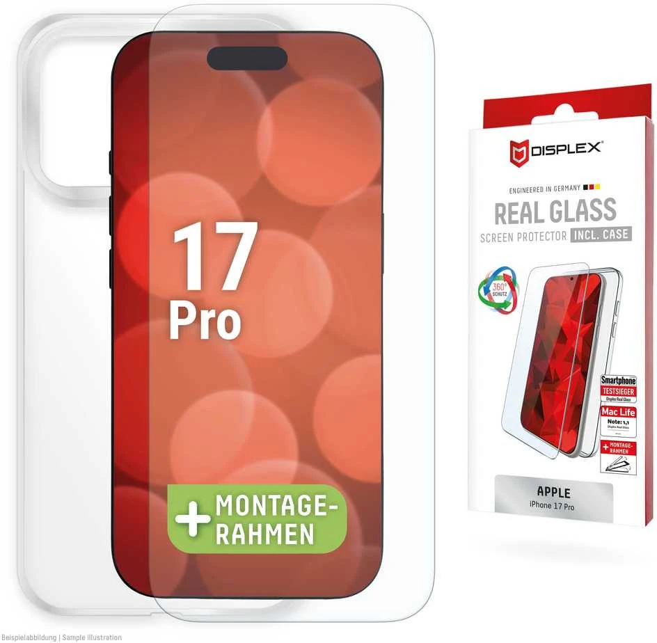Apple iPhone 17 Pro tikras ekrano stiklas + dėklas, pagamintas „Displex“, skaidrus