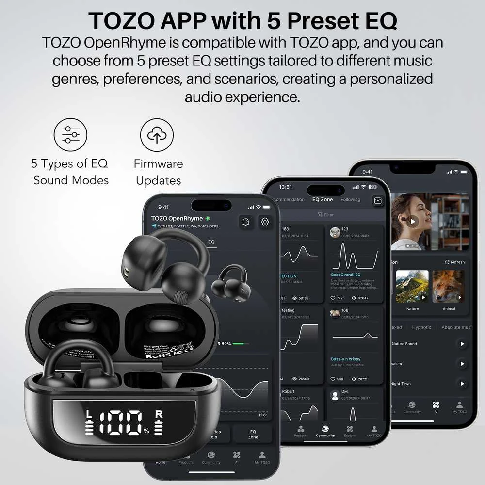 Ausinės Tozo OpenRhyme T13064 Juodas Juodas