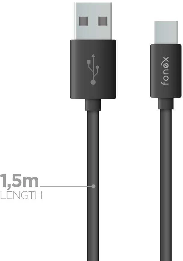 Data Cable USB to Type-C 25W 1.5m By Fonex Juodas