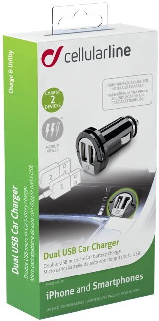 Cellular Line Dual USB automobilinis įkroviklis 2A Cellular juodas