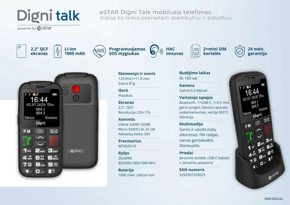 Mygtukinis telefonas eStar Digni Talk Senior 32MB Black