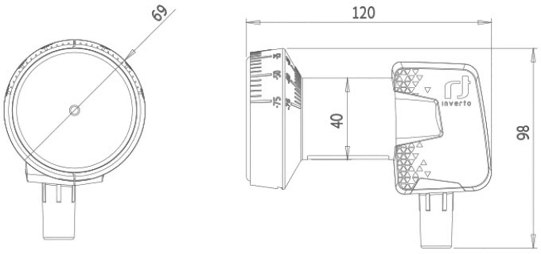 Inverto LNB techninis brėžinys su matmenimis