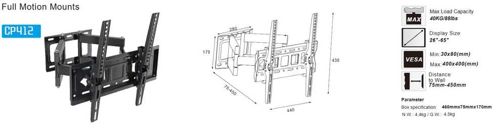 eStar TV Laikiklis/Wall mount 22"65"40kgV180°H15° CP412