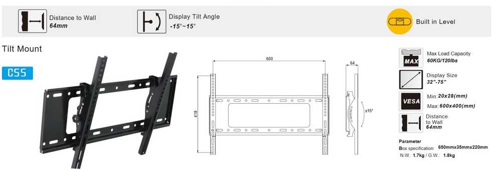 eStar TV Laikiklis/Wall mount 32"85"60kgH15° C55