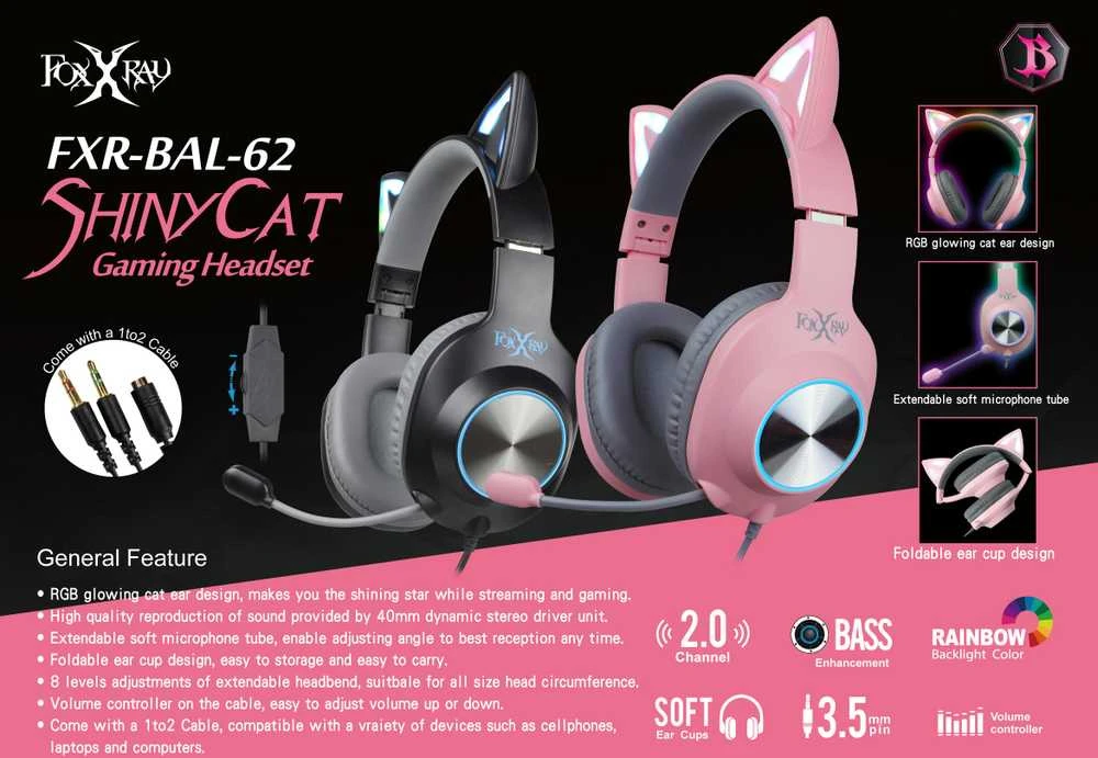 Foxxray FXR-BAL-62 BK ShinyCat Ausinės Žaidimams su laidu Juodas/Pilkas
