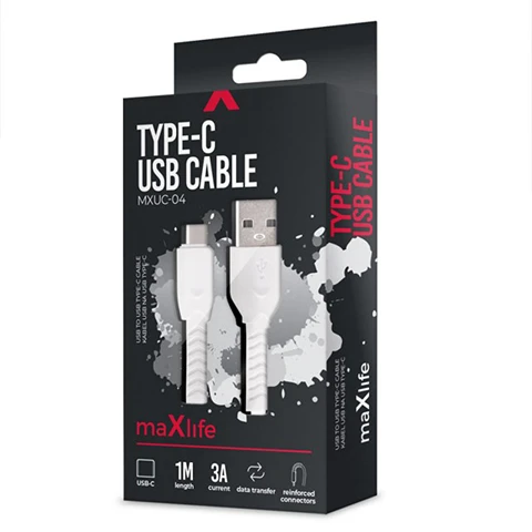 Maxlife MXUC-04 laidas USB – USB-C 1,0 m 3A baltas