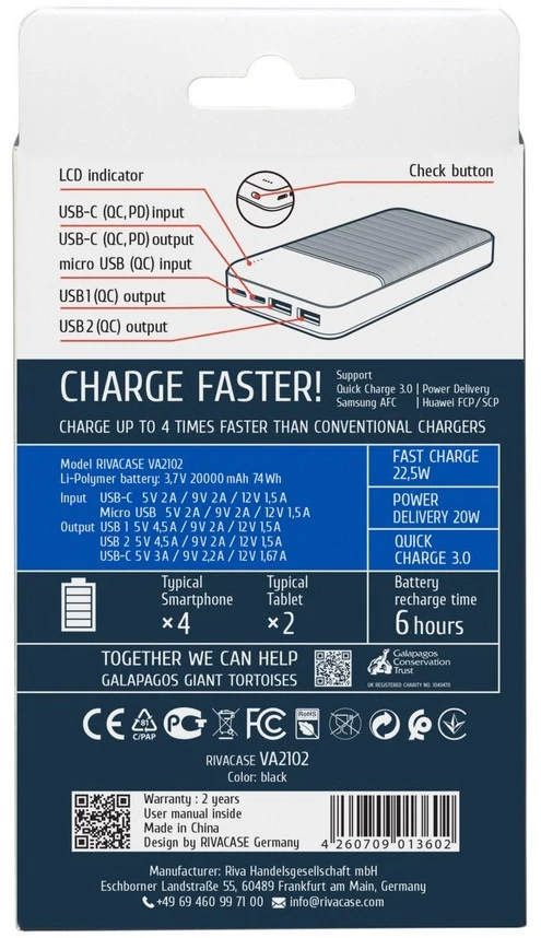 RIVACASE Power Bank 20000 mAh QC/PD 22.5W Juodas