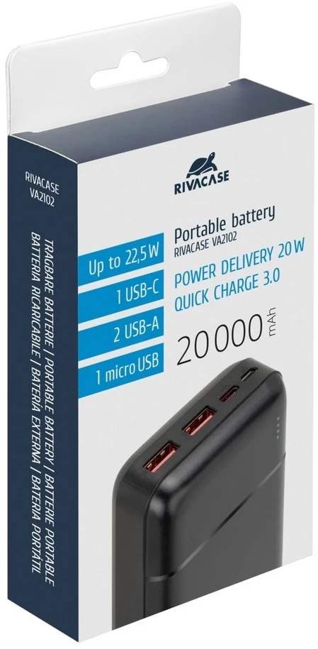 RIVACASE Power Bank 20000 mAh QC/PD 22.5W Juodas