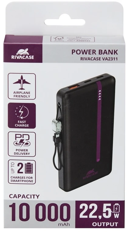RIVACASE VA2311 Power Bank 10000 mAh QC/PD 22.5W Juodas