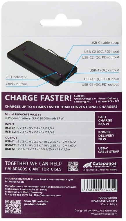 RIVACASE VA2311 Power Bank 10000 mAh QC/PD 22.5W Juodas