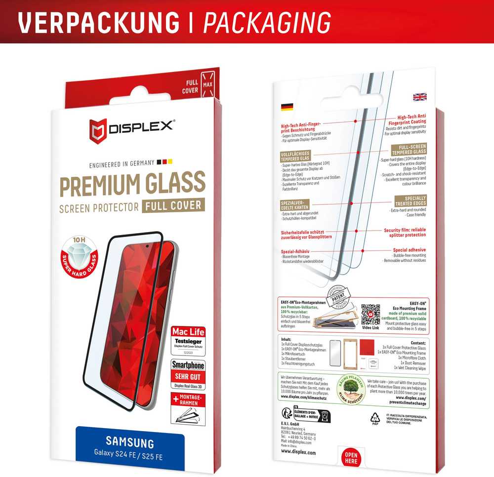 „Samsung Galaxy S24 FE/S25 FE Premium“ ekrano apsauginis stiklas, pilnai apsaugotas „Displex“ permatomu stiklu.