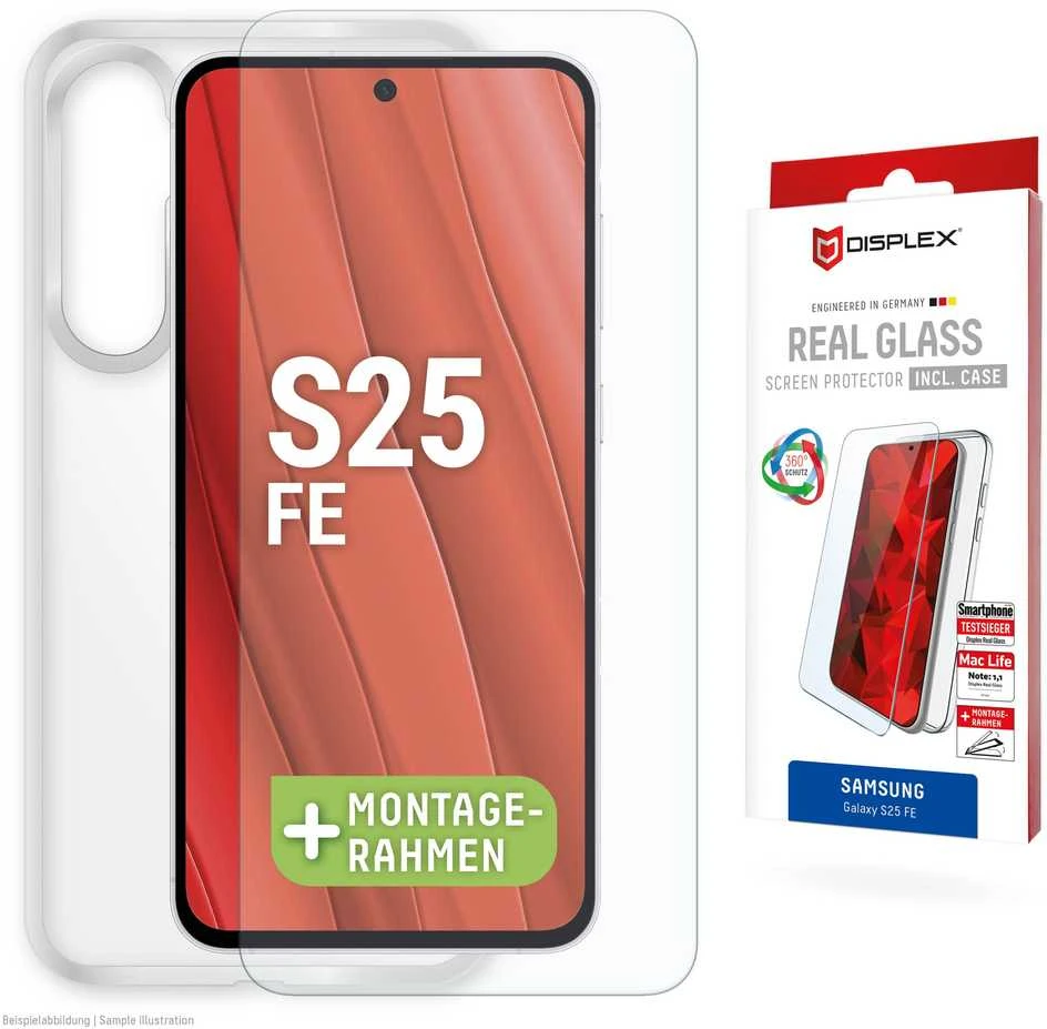 „Samsung Galaxy S25 FE“ tikras ekrano stiklas + dėklas, pagamintas iš „Displex“ skaidraus