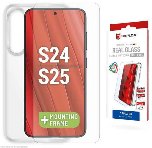 „Samsung Galaxy S25/S24“ tikras ekrano stiklas + dėklas, pagamintas iš „Displex“ skaidraus