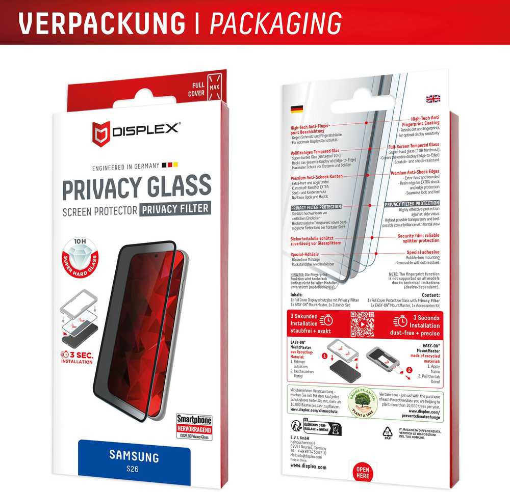 „Samsung Galaxy S26“ privatumo ekrano stiklas MM, pagamintas „Displex“, skaidrus