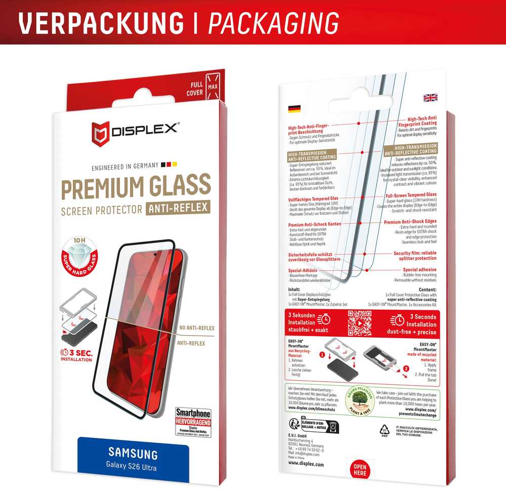 Samsung Galaxy S26 Ultra Premium ekrano stiklas su antirefleksiniu efektu, pagamintas iš „Displex“ skaidraus stiklo.