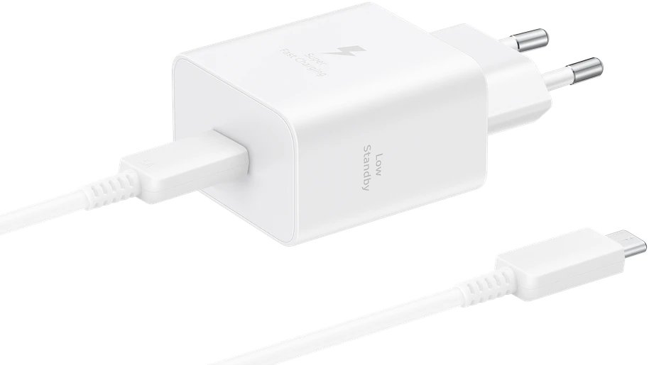 112803 Samsung T4511 PD 45W laidinis įkroviklis su USB-C/USB-C 5A kabeliu, baltos spalvos