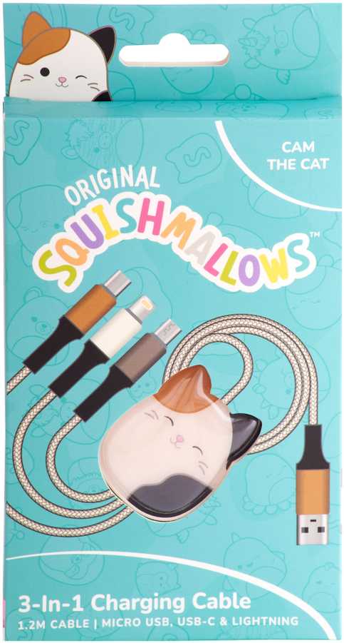 Kaku „Squishmallows“ 3in1 įkrovimo laidas (1,2 m) su kamera