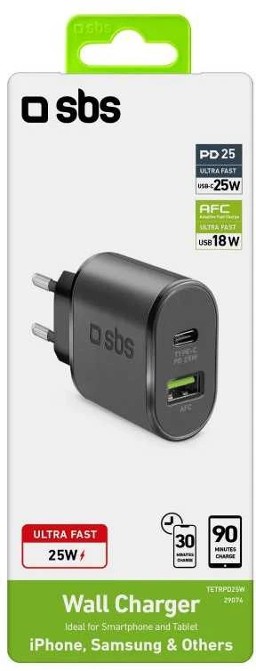 Kelioninis įkroviklis USB Type C PD 25W + USB AFC By SBS Juodas