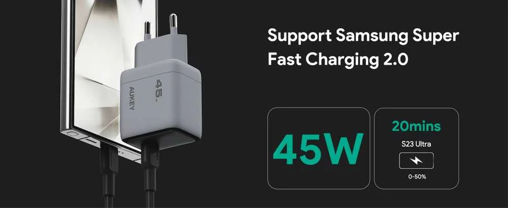Sieninis įkroviklis 45W USB-C, PD GaN By Aukey Dark Pilkas