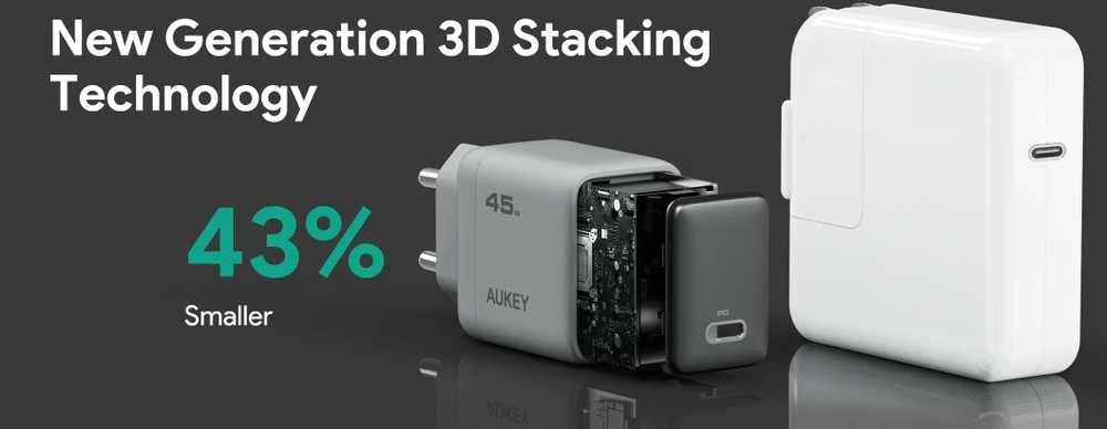 Sieninis įkroviklis 45W USB-C, PD GaN By Aukey Dark Pilkas