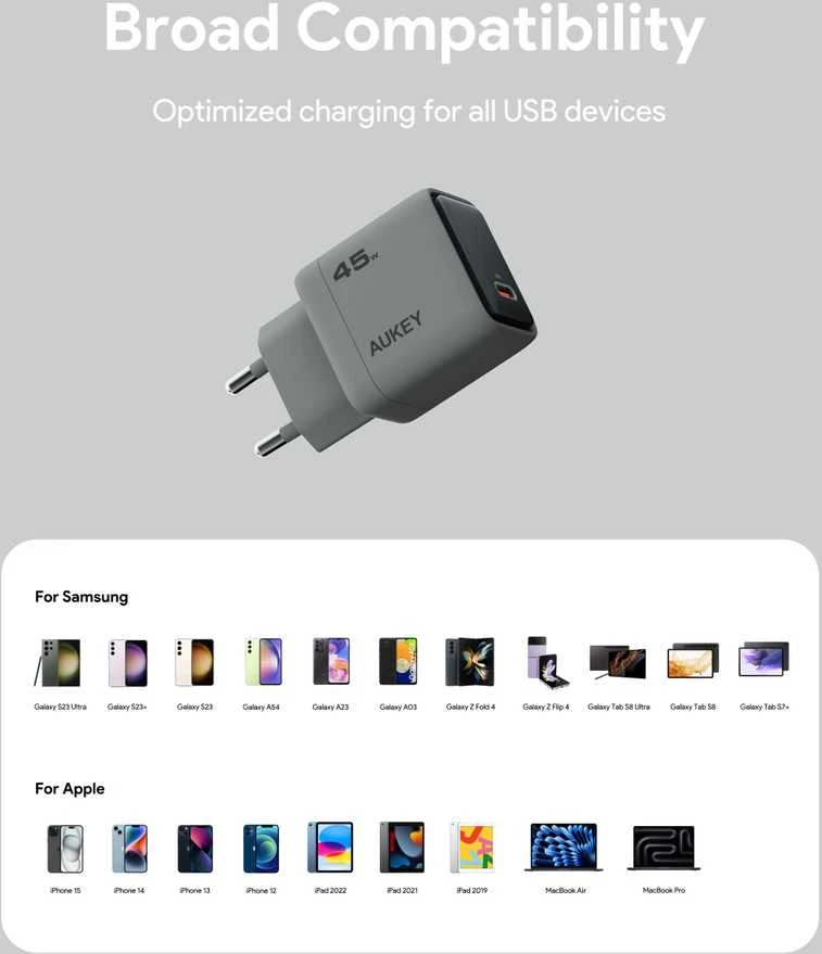 Sieninis įkroviklis 45W USB-C, PD GaN By Aukey Dark Pilkas