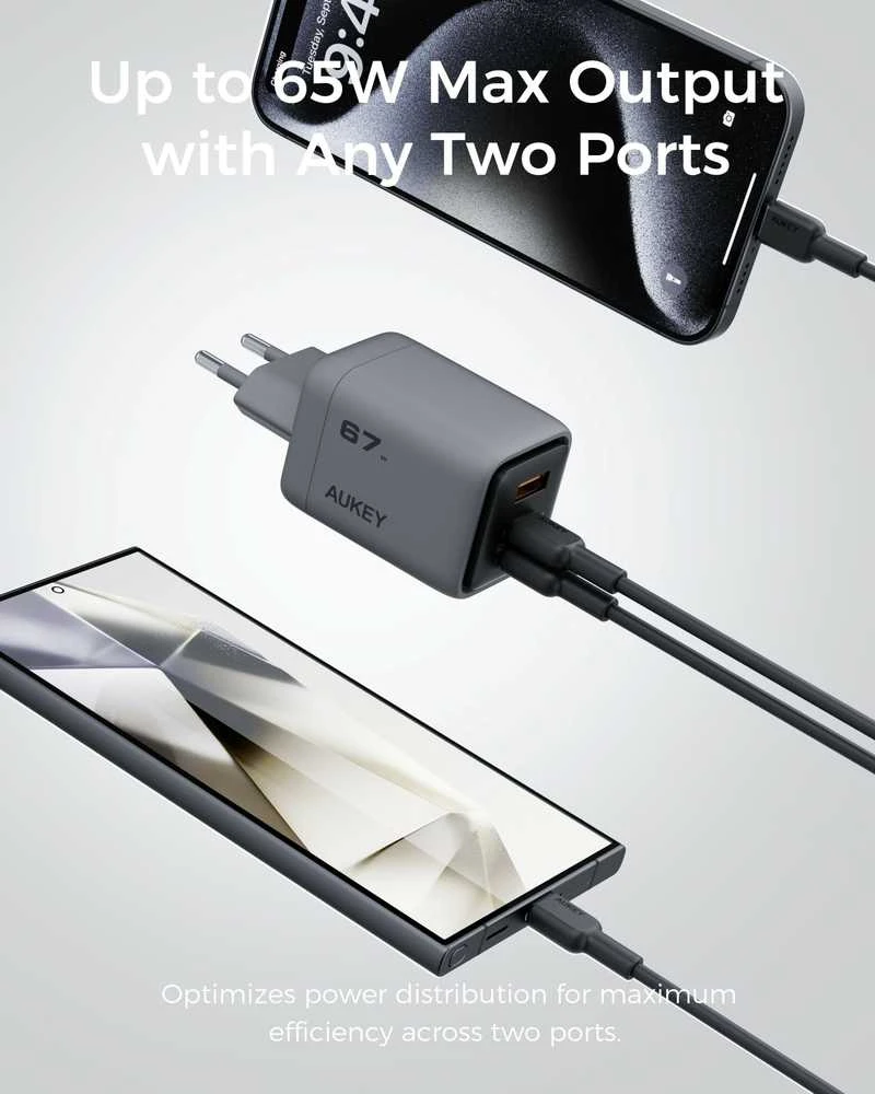 Sieninis įkroviklis 67W 2xUSB-C, 1xUSB, PD GaN by Aukey Dark Pilkas