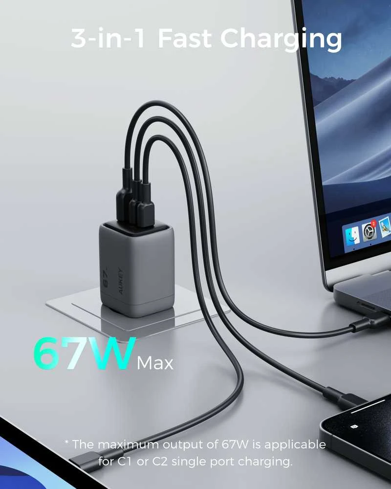 Sieninis įkroviklis 67W 2xUSB-C, 1xUSB, PD GaN by Aukey Dark Pilkas