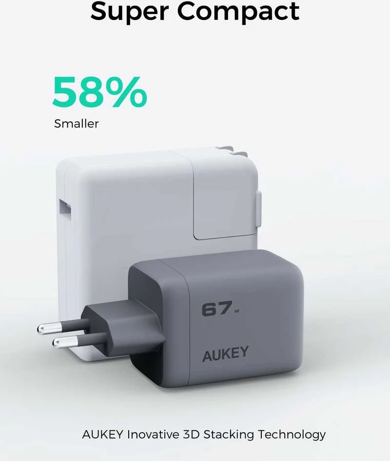 Sieninis įkroviklis 67W 2xUSB-C, 1xUSB, PD GaN by Aukey Dark Pilkas