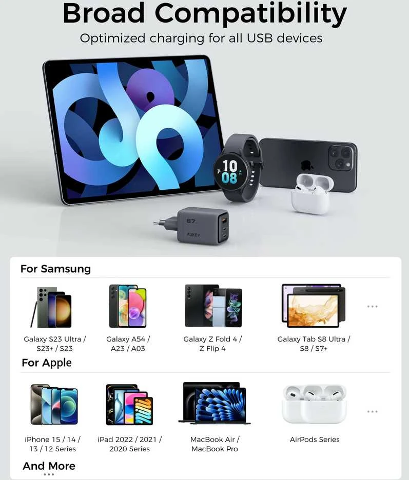 Sieninis įkroviklis 67W 2xUSB-C, 1xUSB, PD GaN by Aukey Dark Pilkas