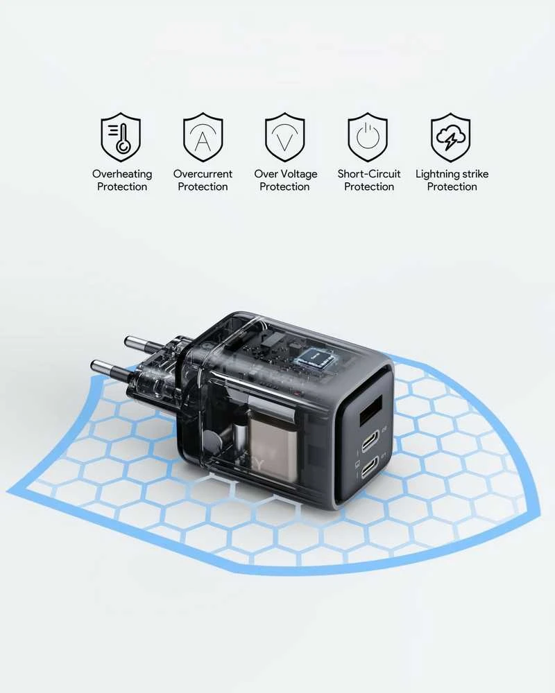 Sieninis įkroviklis 67W 2xUSB-C, 1xUSB, PD GaN by Aukey Dark Pilkas